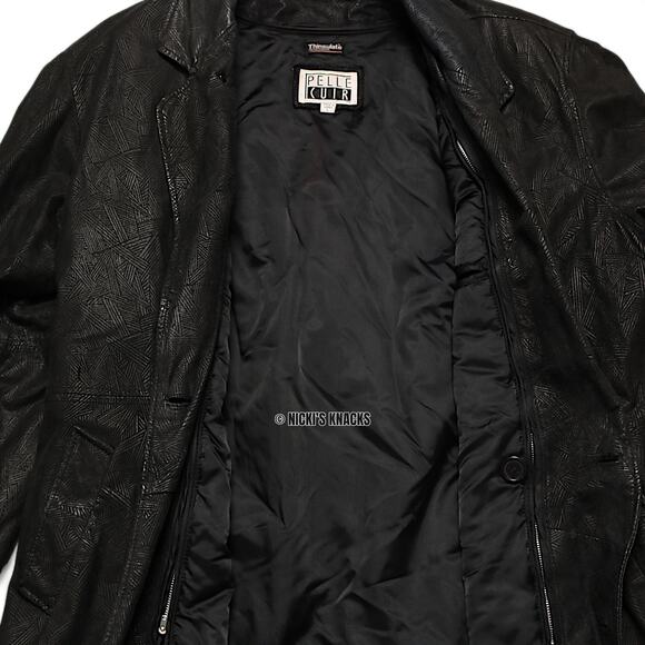 Vintage Pelle Cuir Black Embossed 100% Leather Trench Coat Shoulder Pads Size L - Picture 12 of 16